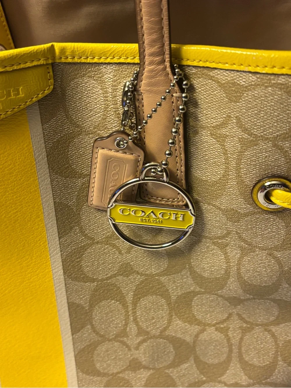 Coach Beige Signature Tote with Yellow Center Stripe. Used once!